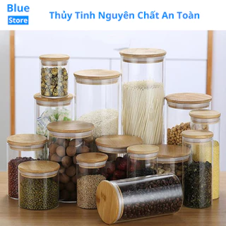 Lọ thủy tinh nắp gỗ, hũ thủy tinh vuông decor, trang trí nhà bếp đựng thực phẩm, đồ khô dung tích 250-1000ml