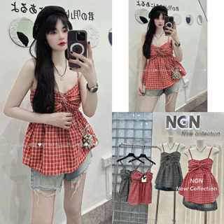 Áo 2 Dây Kẻ Xoắn Ngực Dáng Babydoll 2 Màu Siêu Xinh