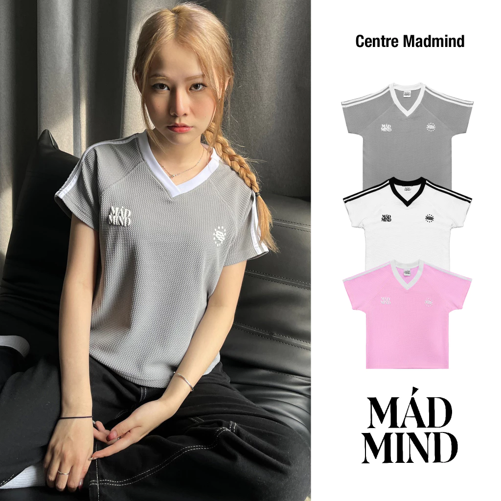 MADMIND® Chính Hãng - Form BABY | Áo Thun Raglan 2 Sọc In Vân Nổi Centre Madmind - Vải Waffle Cao Cấp Màu Xám / Trắng