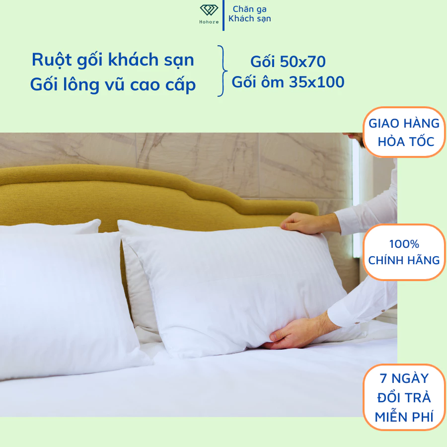 Ruột gối khách sạn tiêu chuẩn 5 sao, gối ngủ lông vũ cao cấp hàng loại 1 kích thước 50cm x 70cm / gối ôm 35cm x 100cm