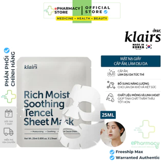 Mặt Nạ Giấy Dear Klairs Rich Moist Soothing Tencel Sheet Mask dưỡng ẩm, giảm lão hoá 25ml