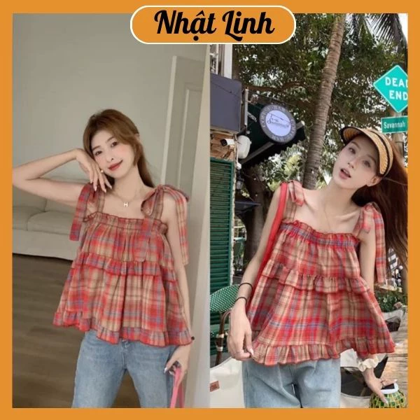 Áo hai dây babydoll nữ áo 2 dây bản to thiết kế kẻ caro đỏ hottrend NHẬT LINH - A107