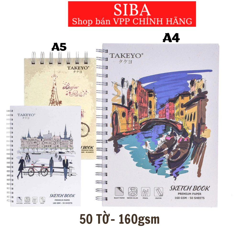 Sổ sketchbook loại dày định lượng 160gsm, sổ vẽ chì TAKEYO 50 tờ khổ giấy A4/ A5