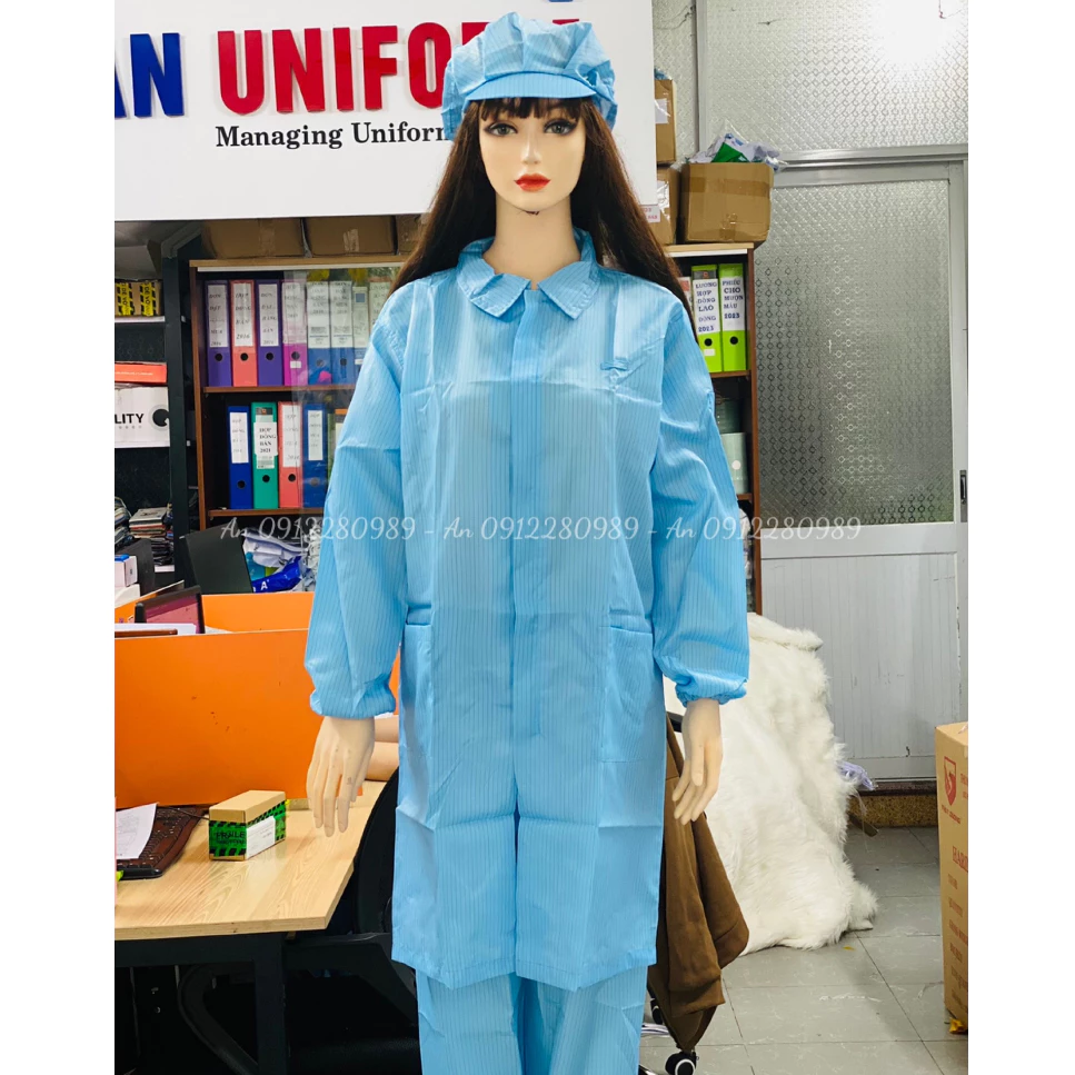 Áo blouse phòng sạch chống tĩnh điện màu xanh kéo khóa cổ bẻ mặc phòng lab _ Hình chụp thật