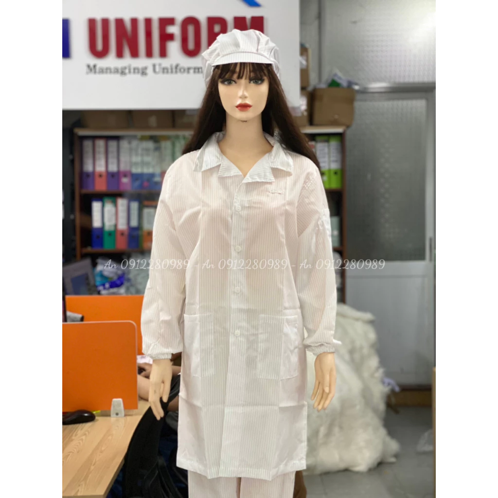 Áo khoác chống tĩnh điện, áo blouse phòng sạch màu trắng cổ bẻ gài nút _ Hình chụp thật