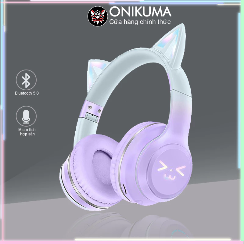 Tai nghe Bluetooth Chụp tai Chơi game Tay Mèo Headphones Gaming Không dây ONIKUMA B90 Hồng Có mic, RGB, Cho PC, Laptop