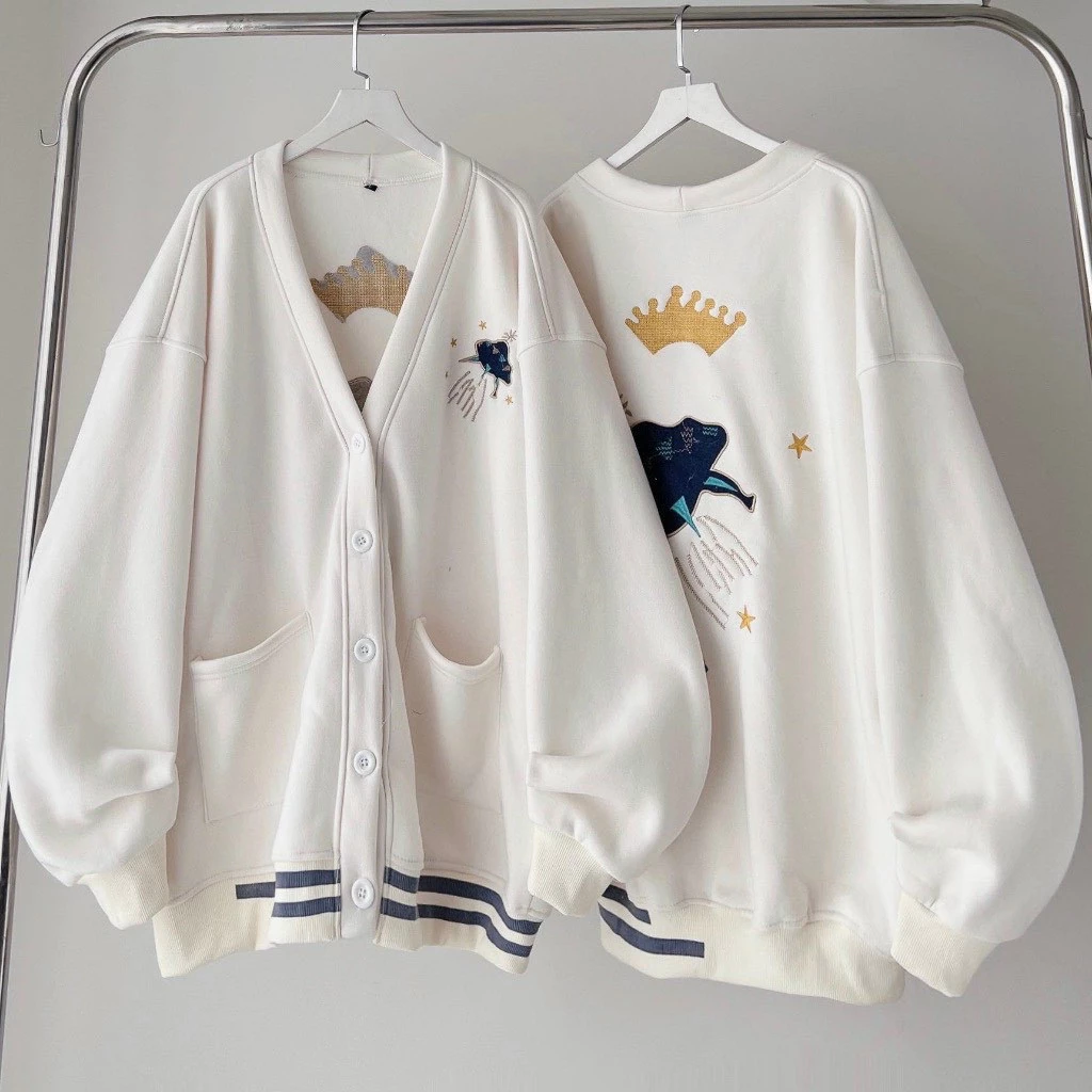 Áo khoác nỉ ngoại cadigan Họa Tiết Vương Niệm form rộng dài tay phồng-fammilyshop