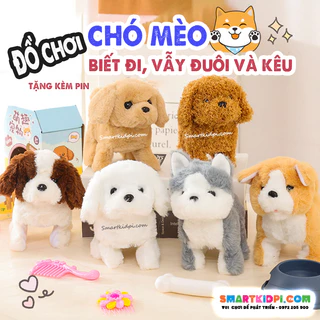 [ Tặng kèm pin] - Chó bông, mèo bông biết đi, vẫy đuôi, kêu cute - thú cưng biết đi - đồ chơi vật nuôi cho bé