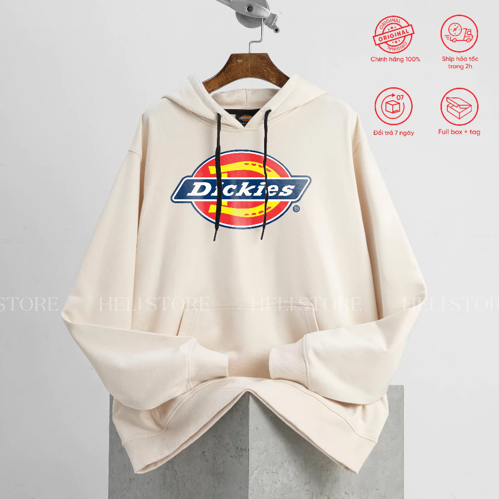 Áo hoodie nỉ Kem Dickies nam nữ unisex form rộng basic in ngực chính hãng - Helistore