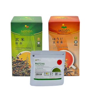 COMBO SATOEN 2 hộp trà túi lọc Sencha Genmaicha gạo rang và Houjicha Genmaicha gạo rang 50G + 1 Matcha Special vụ hè thu