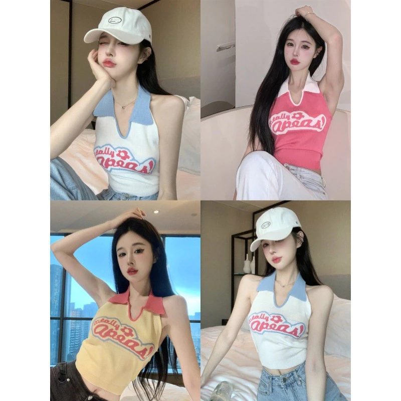 Áo croptop dệt kim in chữ phong cách y2k, áo yếm len tăm sát nách dáng ôm mùa hè JC02