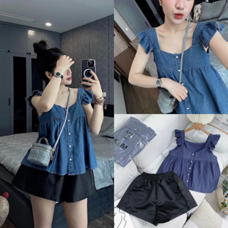 Áo denim tay tiên dáng baby doll + quần short tafta phi