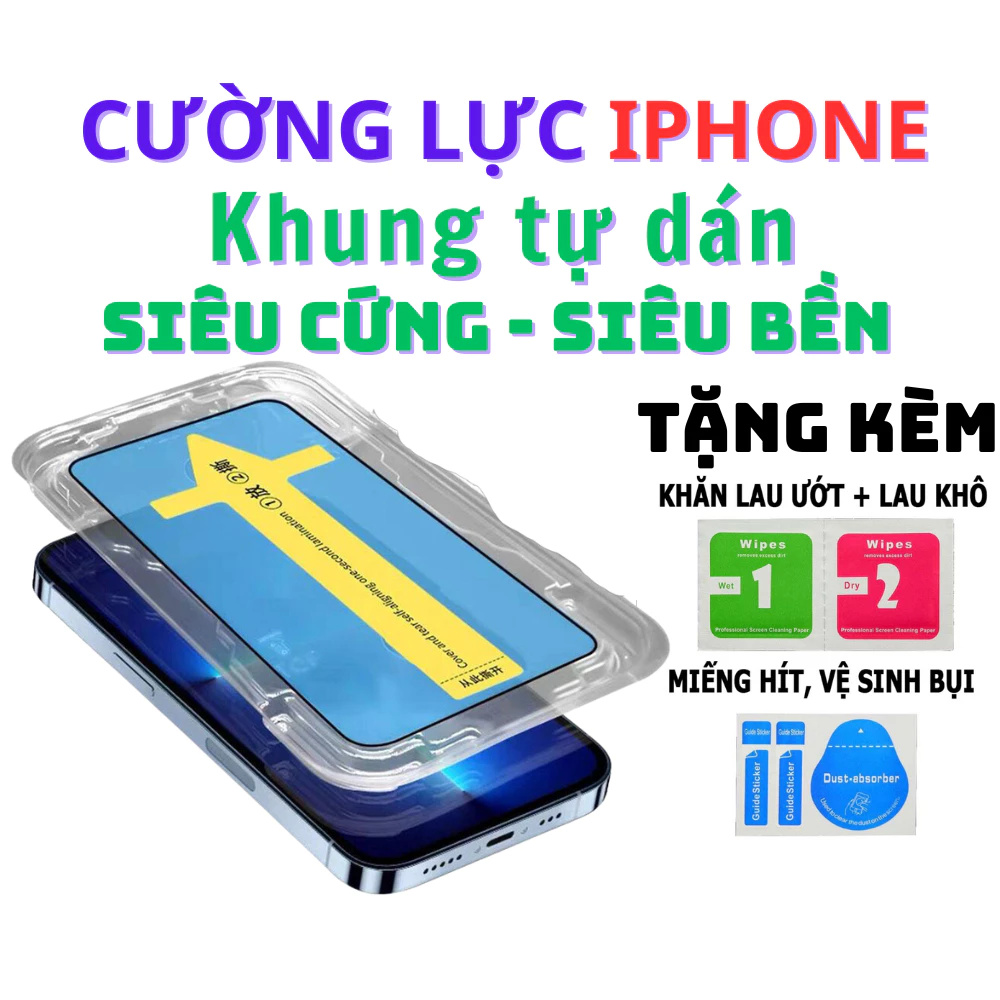 Kính cường lực iPhone có khung dán tự động siêu dễ dán - Viền mỏng - Chống bám bụi khi dán cho IP 7 8 x xsmax 12 13 14