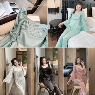 Set đồ bộ pijama tay loe tiểu thư xếp li sang xịn- chất lụa latin