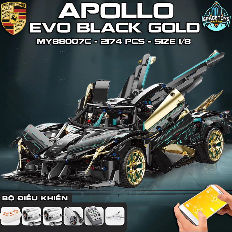 Đồ Chơi Lắp Ráp Mô Hình Siêu Xe Apollo Evo Black Gold Điều Khiển Từ Xa RC Tỉ Lệ 1:10 Model MY88007C Với 2000+ Mảnh Ghép