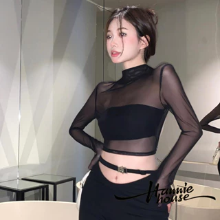 Hannie-áo Crop Top Tay Dài Cổ Cao Phối Lưới Xuyên Thấu Buộc Dây Hở Lưng Thời Trang Hoang Dã Cho Nữ