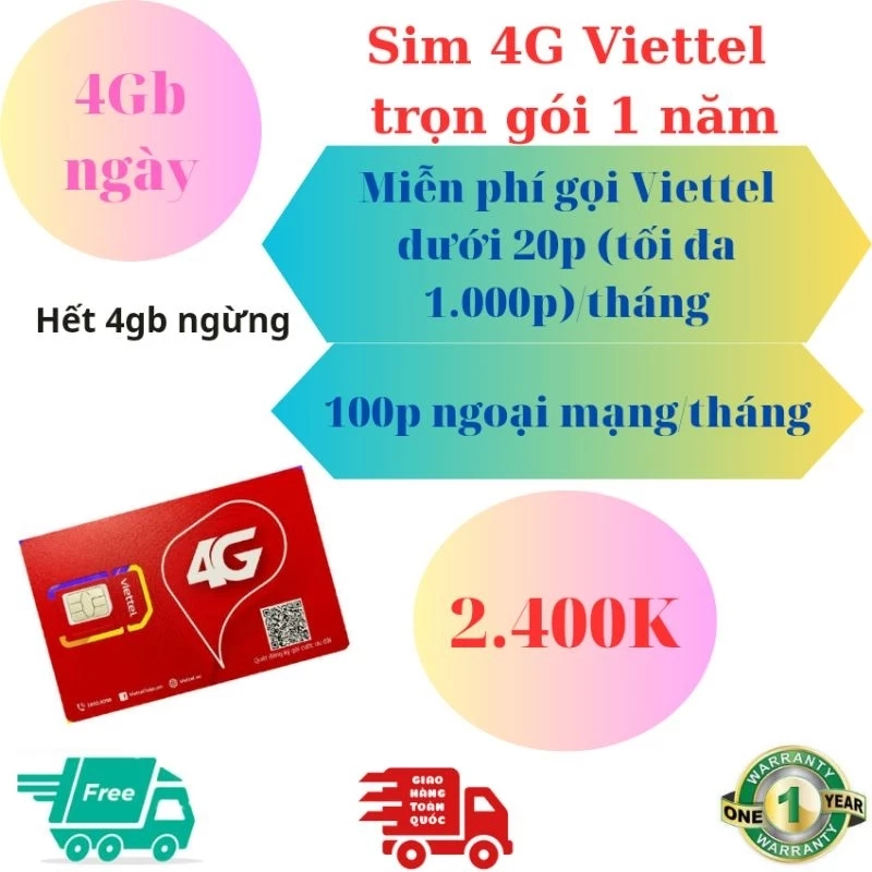 [ĐỦ THÁNG] Sim 4G Viettel Trọn Gói 1 Năm Không Nạp Tiền, 4Gb ngày, Miễn phí Nghe Gọi Mỗi Tháng, 12V200C, BH 12 tháng.
