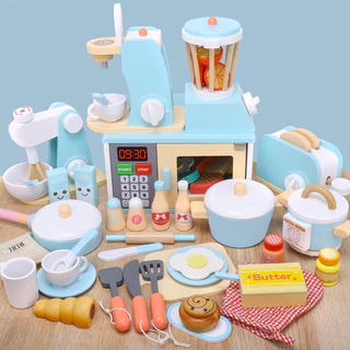 Bộ đồ chơi nấu ăn gỗ hoạ tiết xanh dương toystore FUDAER set máy làm bánh, cà phê, sinh tố cho bé