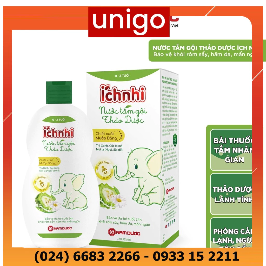 Nước tắm gội thảo dược Ích Nhi lọ 230ml (0-3 tuổi) bảo vệ bé suốt 24h ngừa rôm sảy, hăm da, mẩn ngứa