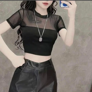 Áo croptop tay ngắn pha lưới, áo thun ôm body sexy A345