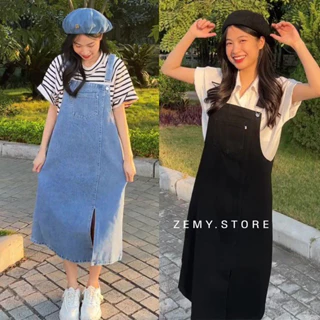 Yếm váy jean nữ đầm yếm bò dáng dài xẻ tà phong cách Hàn Quốc