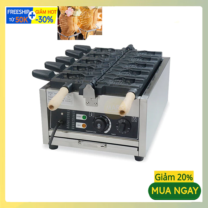 Máy làm bánh cá, máy làm bánh cá 5 con 3000W gia nhiệt kép 2 mặt, chống dính teflon siêu bền