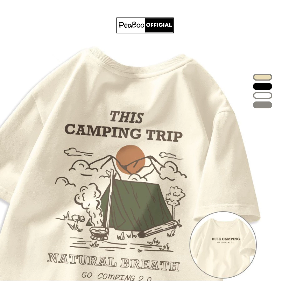 Áo Thun Nữ, Áo Phông Unisex By PEABOO Mã TN Camping Trip Chất Cotton Thoáng Mát Form Rộng Tay Lỡ Cho Nam Nữ