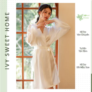 Áo choàng trang điểm cô dâu dáng Kimono phối lông vũ chụp phóng sự cưới lụa phi ° IVY209