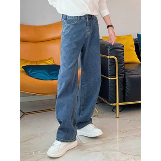 Quần jean nam cạp cao ống suông rộng xanh, quần bò baggy nam phom xuông chất jeans mềm, dày dặn xu hướng 2023
