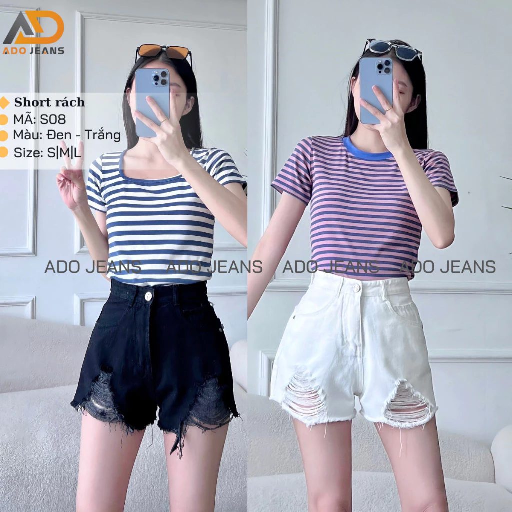 Quần short jean nữ vải denim rách bền đẹp lưng cao dễ phối đồ có Bigsize 3XL ADO JEANS