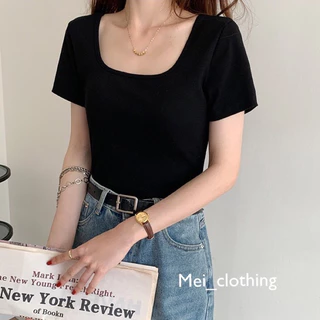 Áo Thun Croptop Cổ Vuông Chất Gân Tăm Basic