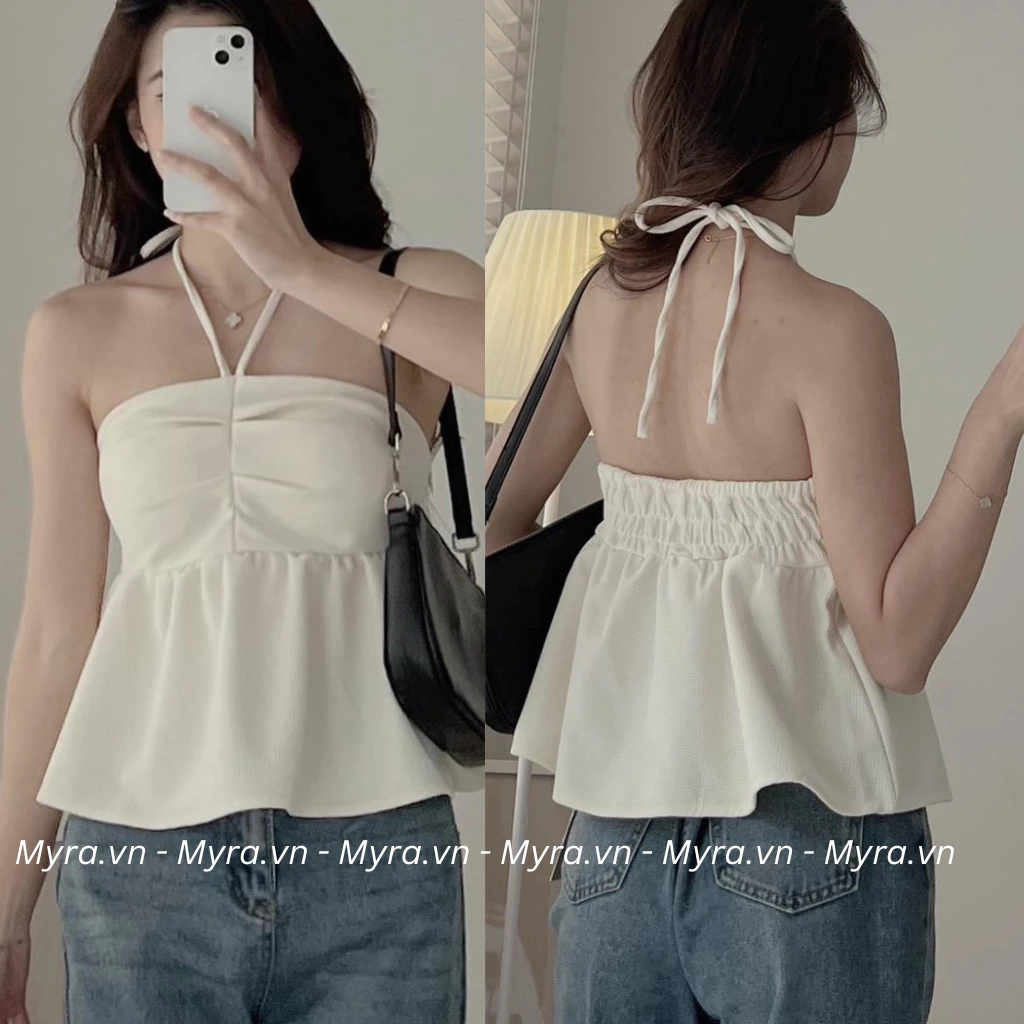 Áo quây trễ vai cổ yếm peplum mút ngực khoá kéo bên sườn Aoquaycoyempeplum2251