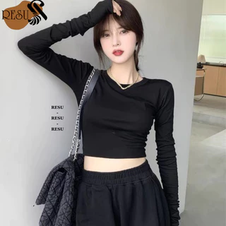 Áo Croptop Tay Dài TRƠN Nữ Ôm Body Chất Tốt, Áo Thun gân kiểu nữ crt dài tay  Resu