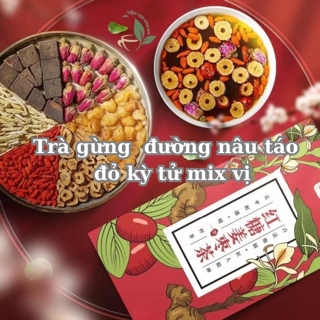 Trà đường nâu, gừng, táo đỏ, long nhãn, kỷ tử, hoa hồng giảm đau bụng kinh, bồi bổ sức khoẻ