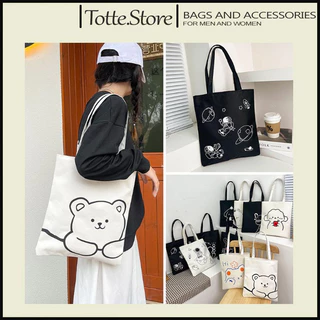 Túi vải canvas tote có khóa kéo dựng đồ đi học đi làm đeo vai totebag in họa tiết Gấu đi học Totte.Store T01