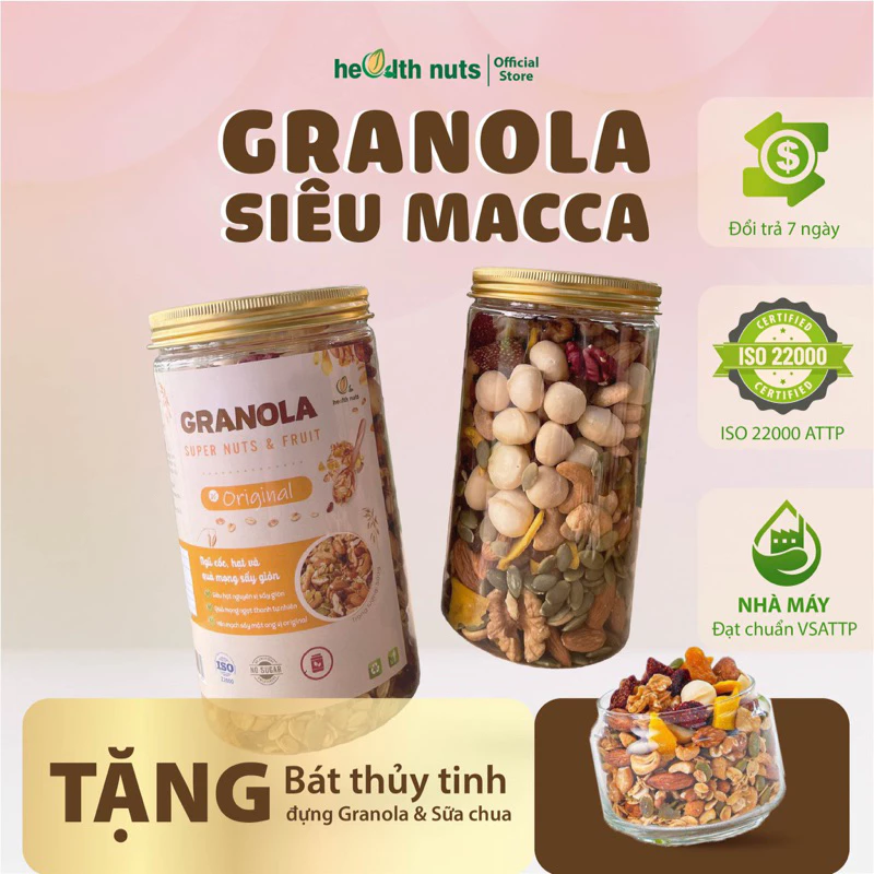 Granola hạt mix siêu Macca, không yến mạch Health Nuts. Không ngọt ăn kiêng giảm cân hiệu quả