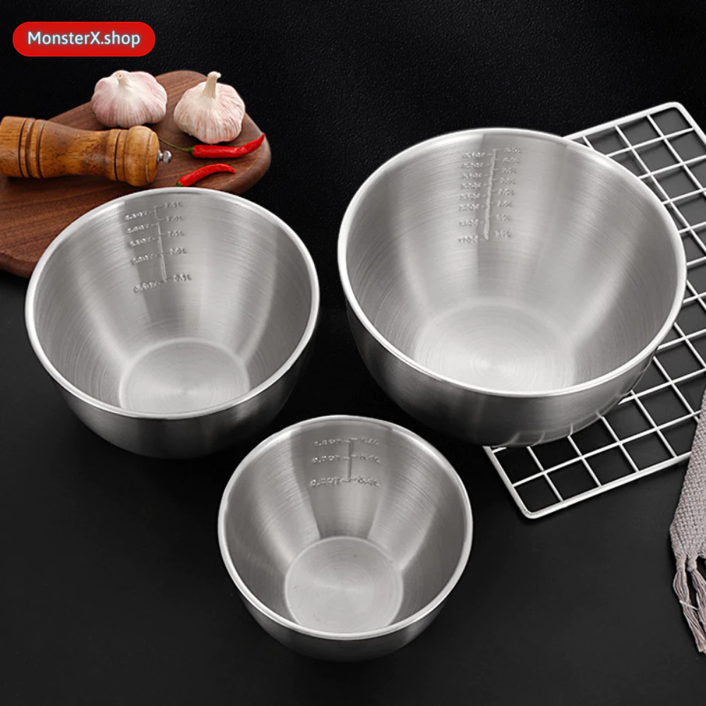 SET 3 Thau Trộn Inox 304 Chống Dính Cao Cấp, Bát Trộn Salad Size Lớn Nhỏ Có Vạch Chia Dung Tích Đến 1600ml