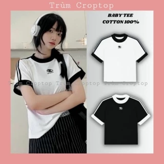 Áo babytee phối viền thêu chữ N 2 màu đen trắng chất cotton 100% form ôm body dưới 53kg