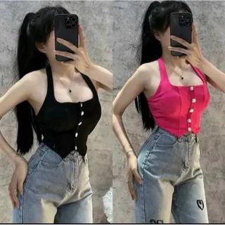 ÁO YẾM CROPTOP CHOÀNG CỔ ĐÍNH KHUY CÓ MÚT 40-53kg fom croptop ngắn trên rún