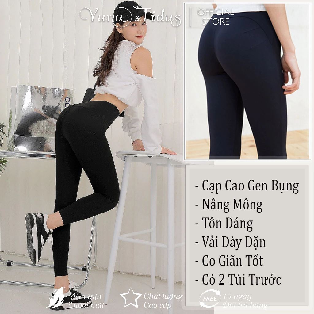 Quần Legging Nâng Mông Cạp Cao Ôn Gọn Bụng Vải Dày Dặn YUNA, mã Legging Dài, Lửng, Đùi