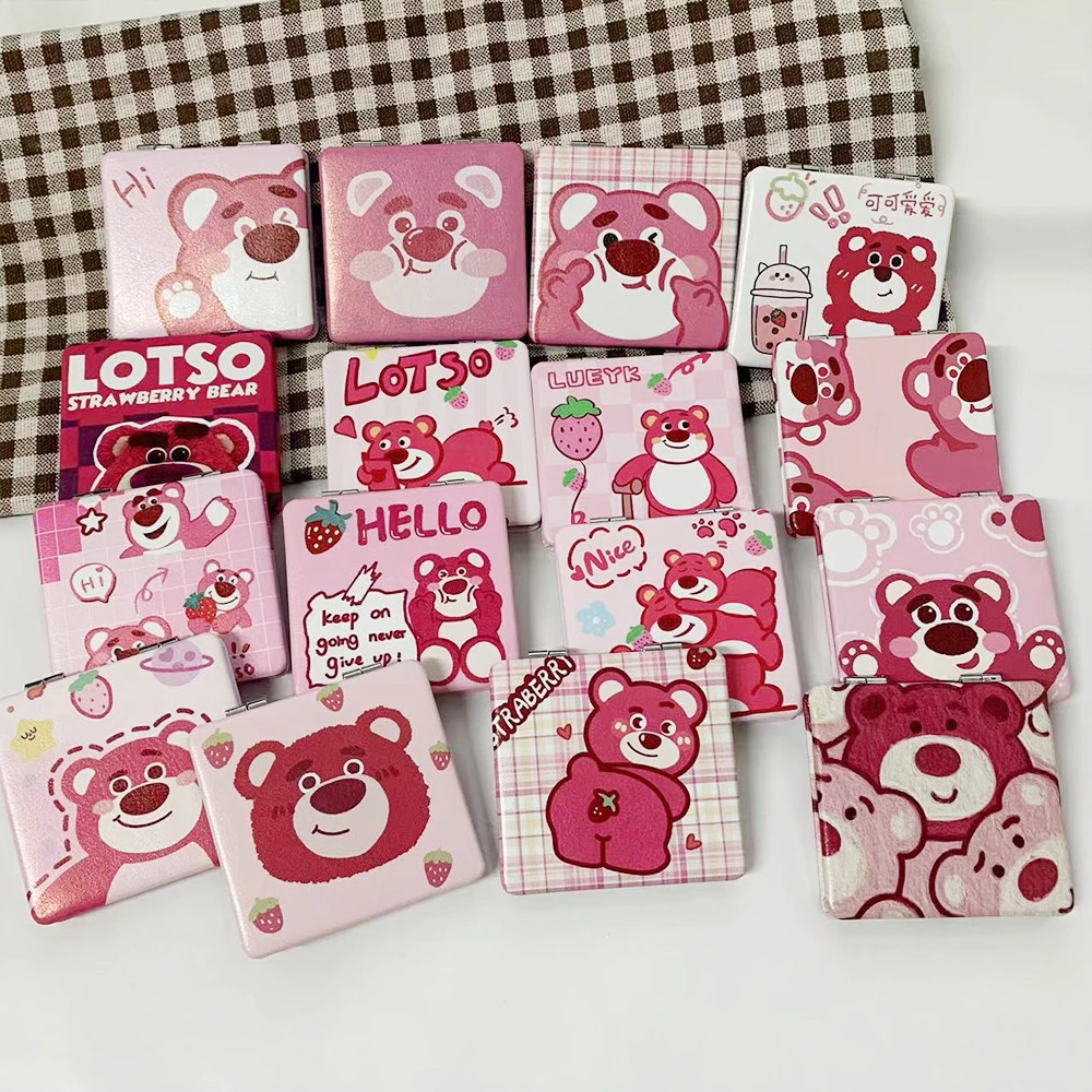 Gương mini gấu dâu Lotso 2 mặt gấp gọn bỏ túi tiện lợi - Gương trang điểm cầm tay gấu hồng Losto hoạt hình dễ thương