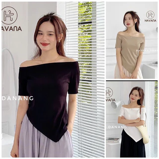 Áo thun, áo kiểu trễ vai cộc tay chất liệu thun cotton zip co giãn thoải mái thiết kế vạy dài phối gì cũng xinh