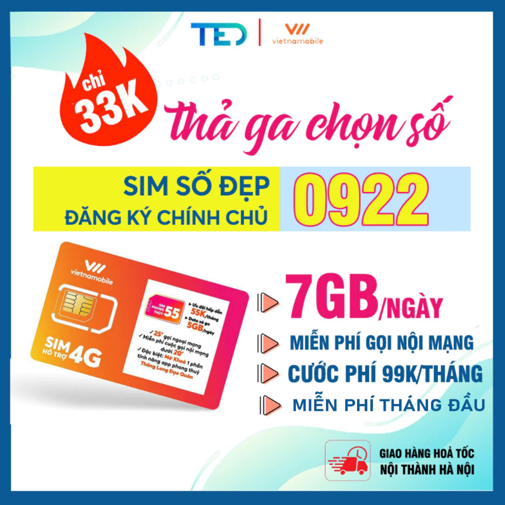 [Free tháng đầu]Sim 4G Vietnamobile, NGHE GỌI - 4G, Sim data ưu đãi 7GB/ngày, Sim mới 100%, Đăng ký chính chủ, TK 0Đ