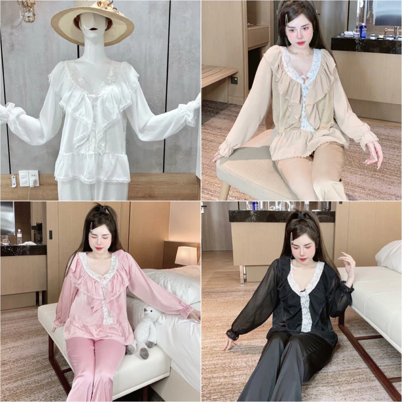 Set đồ ngủ pijama tay dài kiểu dáng tiểu thư chất lụa latin mềm mịn