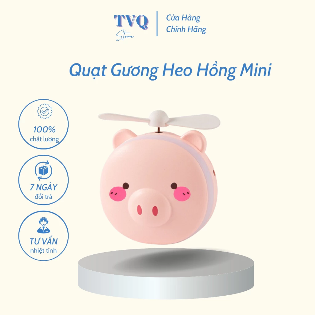 Quạt Mini Tích Điện Kèm Gương, Đèn Led Heo Hồng - Quạt Cầm Tay Mini Đa Năng 3 Trong 1