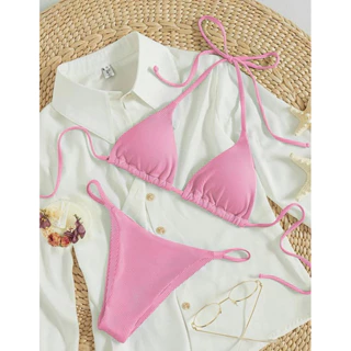 𝒫𝑒𝒶𝒸𝒽𝓎 𝒷𝒾𝓀𝒾𝓃𝒾 - Bộ Bikini Nữ Buộc lại màu trơn  0590