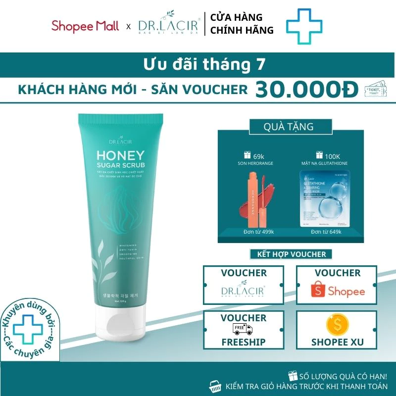 Tẩy da chết Dr. Lacir Honey Sugar Scrub tẩy da chết mặt công thức sinh học hiện đại 120ml LM07