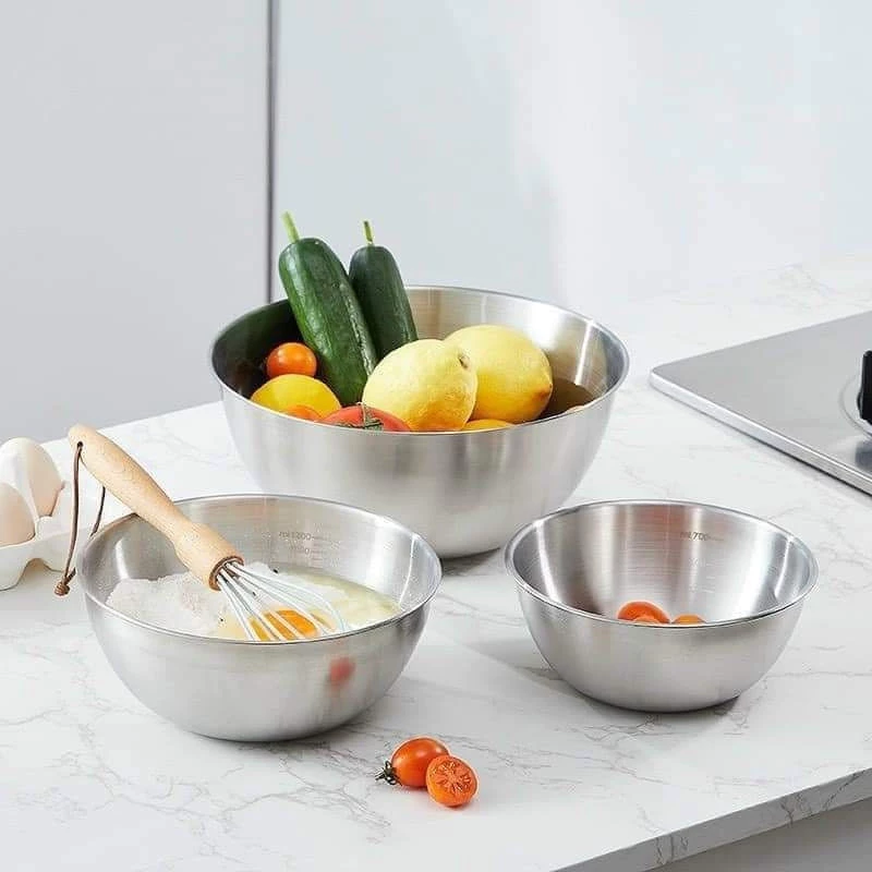 SET 3 Bát Inox Chia Vạch Dùng Làm Đồ Trộn, Làm Bánh Có Vạch Chia Dung Tích Đến 1600ml Inox Chống Dính Cao Cấp