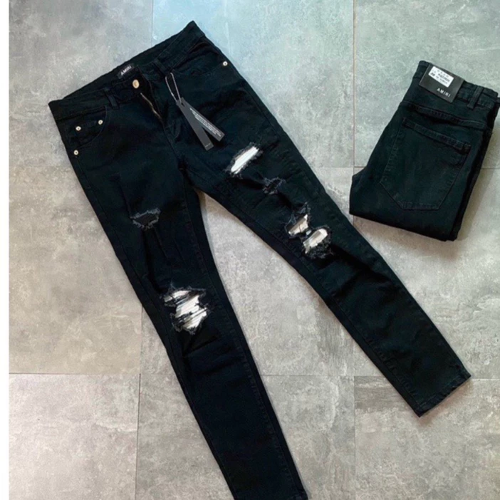 quần bò jean nam amiri dài đen rách vá gối da mẫu mới trẻ trung hot,form skinny vải co giãn tốt chuẩn xịn