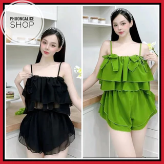 Đồ ngủ sexy, bộ ngủ 2 dây voan mỏng hai lớp có tăng đưa- Phuongaliceshop